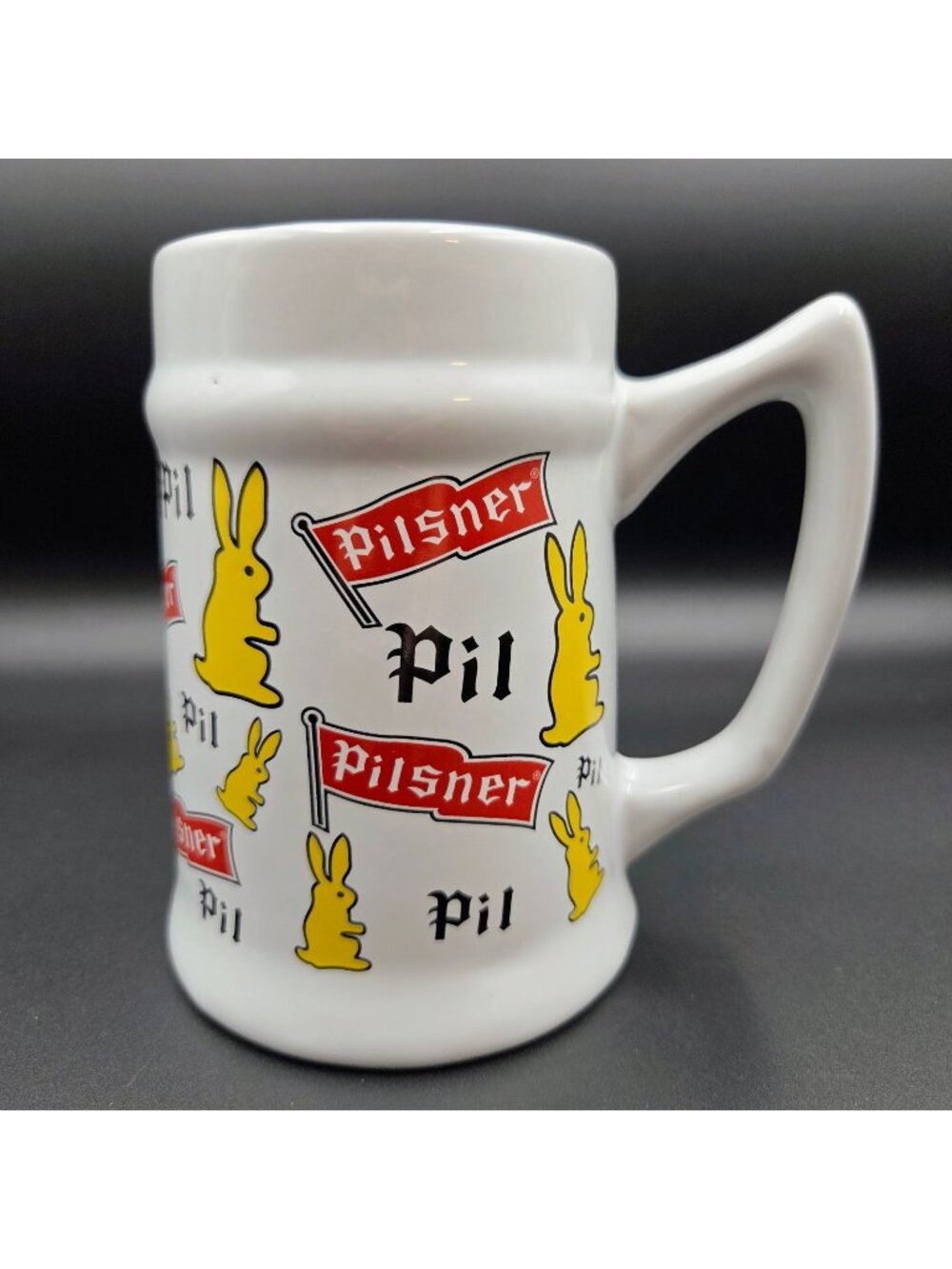 Pilsner Beer Stein Bunny White Collector Mug Yellow Rabbit Ceramic Flag Read